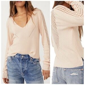 Free People Starlight Ribbed Oatmeal Crochet Tunic Hip Length Small EUC